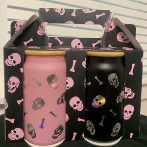 GLASS TUMBLER SET OF 2  PINK AND BLACK SEASONAL DESIGN 16.9 OZ